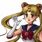  aqua_eyes bangs bishoujo_senshi_sailor_moon blonde_hair blue_sailor_collar blush bow choker double_bun earrings elbow_gloves gloves hands jewelry jpeg_artifacts long_hair magical_girl open_mouth paranoia red_bow red_choker sailor_collar sailor_moon sailor_senshi_uniform simple_background smile solo star tiara tsukino_usagi twintails waving white_background white_gloves 