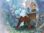  blonde_hair book boots brown_eyes bush flower grissom hydrangea male_focus open_book rose sarmat solo tree vagrant_story 
