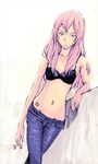  bad_id bad_pixiv_id blue_eyes bra candy casual denim food jeans lingerie lollipop long_hair megurine_luka navel navel_piercing pants piercing pink_hair solo takano tattoo underwear vocaloid 