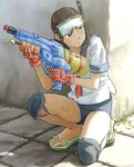  black_eyes brown_hair diving_mask gloves knee_pads long_hair looking_back no_pants original sandals school_swimsuit school_uniform serafuku snorkel solo squatting swimsuit swimsuit_under_clothes tnt_(aaaazzzz) traditional_media water_gun 