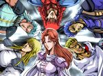  5boys armor blonde_hair blue_hair cape closed_eyes expressionless facial_mark forehead_mark green_hair grin hokuto_no_ken lipstick long_hair looking_at_viewer makeup multiple_boys patsuki red_hair rei_(hokuto_no_ken) scar shin_(hokuto_no_ken) short_hair shuu_(hokuto_no_ken) smile souther tan upper_body upside-down very_long_hair yuda_(hokuto_no_ken) yuria_(hokuto_no_ken) 