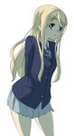  arms_behind_back backlighting blazer blonde_hair blue_jacket closed_mouth collared_shirt commentary_request contrapposto cowboy_shot dress_shirt eyebrows_visible_through_hair grey_skirt jacket k-on! kotobuki_tsumugi leaning_forward legs_apart light_smile long_hair long_sleeves looking_at_viewer looking_to_the_side miniskirt neck_ribbon nekomamire pleated_skirt pocket raised_eyebrows ribbon school_uniform shirt sidelocks simple_background skirt smile solo standing thick_eyebrows very_long_hair wavy_hair white_background white_shirt wide_hips wing_collar 