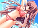  airi_(quilt) beach bikini blush bra breasts cleavage hair_ornament hair_pin hairpin hand_on_hip hand_over_head hips lingerie long_hair navel quilt red_eyes red_hair redhead swimsuit thigh-highs thighhighs underwear 