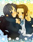  akiyama_mio bad_id bad_pixiv_id bangs black_eyes black_hair blunt_bangs blush brown_eyes brown_hair grin hairband hime_cut k-on! long_hair multiple_girls school_uniform short_hair smile tainaka_ritsu tsukimushi 