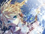  blonde_hair blue_eyes bug butterfly flower flower_(symbol) headphones hekicha insect kagamine_len male_focus musical_note necktie solo vocaloid 