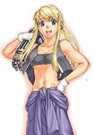  bandeau blonde_hair blue_eyes breasts cleavage clothes_around_waist earrings fullmetal_alchemist gloves hand_on_hip jewelry lithiumia long_hair mechanic medium_breasts midriff muscle open_mouth ponytail solo strapless sweat tomboy tubetop underboob vest white_gloves winry_rockbell 