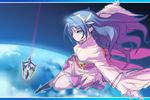  akaga_hirotaka blue_eyes blue_hair floating_hair flying gradient_hair hairband japanese_clothes kimono kneehighs long_hair looking_back multicolored_hair outstretched_arms planet shishidou_takane short_kimono socks solo sora_wo_kakeru_shoujo space spread_arms 