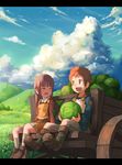  1girl :d bad_id bad_pixiv_id boots brown_eyes brown_hair cabbage cart child closed_eyes cloud day grass ground_vehicle hill landscape letterboxed matsumoto_mitsuaki open_mouth orange_hair original pullcart scenery sitting sky smile wagon 