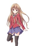  aisaka_taiga black_legwear blush brown_hair long_hair mikaze_takashi oohashi_high_school_uniform red_eyes school_uniform simple_background solo standing standing_on_one_leg surprised thighhighs toradora! wide-eyed zettai_ryouiki 