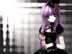  breasts cleavage clock frills frilly green_eyes hat long_hair purple_hair smile 