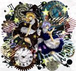  bad_id bad_pixiv_id blonde_hair blue_eyes blue_hair bow braid broom clock colorful gears hat izayoi_sakuya kirisame_marisa maid multiple_girls short_hair star touhou vitaminlemon witch_hat 