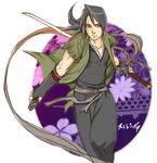  balusah black_hair japanese_clothes katana male_focus nanashi_(stranger) ribbon solo stranger_mukou_hadan sword weapon 