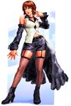  alternate_costume bad_id bad_pixiv_id bare_shoulders boots brown_hair choker detached_sleeves earrings fishnet_legwear fishnets garters jewelry legs matsuda_(matsukichi) navel short_hair solo the_king_of_fighters thighhighs vice 