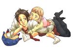  1girl adachi_tooru blonde_hair brown_hair child doujima_nanako kounaien kuma_(persona_4) lying necktie persona persona_4 