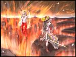  bad_id bad_pixiv_id buronko buront buront_(cosplay) cosplay e.x.on final_fantasy final_fantasy_xi fire food fruit fujiwara_no_mokou hair_ribbon hat highres hinanawi_tenshi long_hair multiple_girls pants peach red_eyes ribbon silver_hair suspenders sword sword_of_hisou touhou weapon 