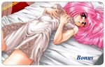  bed bed_gown blush hair_spread hair_spread_out lace lingerie lying nightgown open_mouth pink_hair purple_eyes thigh-highs underwear violet_eyes 