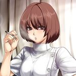  bad_id bad_pixiv_id breasts brown_eyes brown_hair cigarette copyright_request large_breasts nurse nyamota short_hair smoking solo 