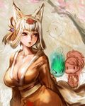  ? animal_ears bow_(bhp) breasts chibi cleavage collarbone folded_ponytail fox_ears fox_tail hair_up hitodama izuna_jinkuro japanese_clothes kimono kongiku large_breasts leaf leaf_on_head lips looking_back momohime multiple_girls oboro_muramasa orange_eyes silver_hair tail 