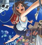  armpits backpack bag book bookshelf brown_eyes brown_hair controller day falling game_console game_controller hair_ornament hairclip highres instrument itou_(onsoku_tassha) legs miniskirt original playstation pleated_skirt randoseru recorder shoes short_hair skirt sky solo sweat tears upside-down vacuum_cleaner 