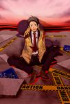  adachi_tooru black_hair blood caution_tape male_focus monster necktie persona persona_4 shadow shadow_(persona) solo spoilers sumii_(fumiki7) torn_clothes 