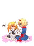  ahoge alice_margatroid bad_id bad_pixiv_id blonde_hair blush braid hairdressing hands_on_feet indian_style kirisame_marisa light_smile long_hair multiple_girls myama no_hat no_headwear ribbon short_hair sitting squiggle thought_bubble touhou v_arms wavy_mouth 