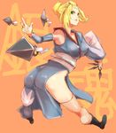  aguhari ass bad_id bad_pixiv_id blonde_hair fishnet_legwear fishnets gintama green_eyes kunai ninja scar solo thighhighs tsukuyo_(gintama) weapon 