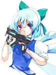  blaze_(artist) blue_eyes blue_hair cirno gun h&amp;k_mp5k hair_ribbon heckler_&amp;_koch ice ice_wings ribbon short_hair solo submachine_gun touhou weapon white_background wings 