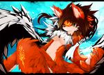  abstract_background breasts brown_hair canine clothed clothing dragoon86 female fox fur hair mammal markings orange_eyes orange_fur skimpy solo under_boob wings 