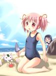  akemi_homura black_hair crab kaname_madoka kyubey long_hair m-eine mahou_shoujo_madoka_magica multiple_girls pink_hair school_swimsuit short_hair swimsuit trowel twintails 