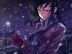  atomix bird bird_on_hand black_hair blue_eyes blush building coat gloves half-closed_eyes lamppost light_smile long_hair night original outstretched_hand purple_scarf scarf snowing solo upper_body 