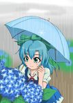  aqua_eyes blue_hair blurry bow cirno cloud cloudy_sky depth_of_field dress flower hair_bow holding holding_hair hydrangea kimura_zakuro leaf rain ribbon short_hair short_sleeves sky smile snowflakes solo touhou umbrella water_drop 