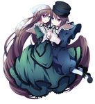  black_ribbon bonnet brown_hair dress expressionless frills green_dress hat heterochromia holding_hands long_hair looking_at_viewer multiple_girls pantyhose ribbon rozen_maiden rozen_maiden_traumend siblings sisters soranagi souseiseki suiseiseki top_hat very_long_hair 