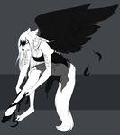  black_nose black_wings blue_eyes breasts canine clothed clothing ear_piercing feathers female fur hair invalid_tag looking_down mammal myloveless piercing sitting solo tattoo white_fur white_hair wings 