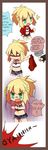  1girl anger_vein blonde_hair braid chibi comic cutoffs denim denim_shorts english fate/apocrypha fate_(series) flat_chest french_braid green_eyes jacket jacket_removed jewelry long_hair midriff mordred_(fate) mordred_(fate)_(all) navel necklace ponytail red_jacket shorts solo strapless trembling tubetop tusia 