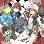  1girl bag baseball_cap blue_eyes brown_eyes brown_hair copyright_name deino_(pokemon) denim denim_shorts gen_5_pokemon hat high_ponytail holding holding_poke_ball jacket larvesta long_hair looking_at_viewer msmoderato munna open_mouth poke_ball pokemon pokemon_(creature) pokemon_(game) pokemon_bw sewaddle short_hair shorts snivy tepig touko_(pokemon) touya_(pokemon) vest 