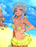  beach bikini_top blue_hair bracelet crossdressing day dutch_angle ediblepanda eyepatch inazuma_eleven inazuma_eleven_(series) jewelry long_hair male_focus navel orange_eyes sakuma_jirou skirt solo 