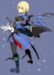  blazblue blonde_hair blue_footwear boots gloves green_eyes jin_kisaragi katana looking_up male_focus minatsuki_randoseru sheath snow solo sword uniform weapon white_gloves yukianesa 