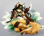  abstract_background blue_eyes canine clothed clothing dragoon86 female fluffy_tail fox fur green_hair hair long_hair mammal midriff orange_fur skimpy solo 