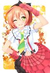  ;d arm_up azure_(capriccio) bad_id bad_pixiv_id blush bokura_wa_ima_no_naka_de bow brown_hair gloves green_eyes hairband hand_on_hip hoshizora_rin love_live! love_live!_school_idol_project multicolored multicolored_clothes multicolored_neckwear navel necktie one_eye_closed open_mouth orange_hair short_hair skirt smile solo striped striped_neckwear 