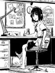  barefoot book calendar_(object) chair clock dated desk graph greyscale hat indoors kawashina_(momen_silicon) lamp looking_at_viewer monochrome office_chair paper pen pointy_ears pom_pom_(clothes) shameimaru_aya short_hair sitting smile solo tokin_hat touhou 