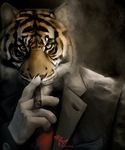  2013 anthro black_background cigar clothing feline kajito looking_at_viewer male necktie plain_background red_tie smoke smoking solo suit tiger 