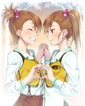  ^_^ brown_hair closed_eyes flower futami_ami futami_mami grin hair_bobbles hair_ornament heart heart_hands heart_hands_duo holding_hands idolmaster idolmaster_(classic) interlocked_fingers multiple_girls nanaran red_eyes short_hair siblings side_ponytail sisters smile twins 