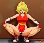  black_panties blonde_hair blush breasts capcom final_fight genryuusai_maki hair_up large_breasts makani_kohitujito messy_hair panties ponytail shoes sneakers spread_legs squatting underwear 