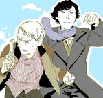  a-ka coat john_hamish_watson looking_back multiple_boys oekaki overcoat running scarf sherlock_(bbc) sherlock_holmes sherlock_holmes_(sherlock) the_adventures_of_sherlock_holmes 