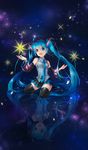  :d ahoge aqua_eyes aqua_hair bare_shoulders blue_eyes boots detached_sleeves hatsune_miku highres long_hair necktie open_mouth reflection reflective_floor seiza sitting skirt sky smile solo star_(sky) starry_sky thigh_boots thighhighs twintails very_long_hair vocaloid yamori_(stom) zettai_ryouiki 