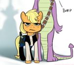  :/ anthro applejack_(mlp) bandolier blonde_hair clothing cosplay crossover dragon duo equine eyes faceless_male female feral freckles friendship_is_magic fur green_eyes gun hair hinoraito holster horse male mammal my_little_pony orange_fur parody plain_background pony purple_body ranged_weapon scalie spike_(mlp) star_wars unimpressed vest weapon white_background 