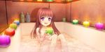  :d bath bathtub bottle brown_hair candle highres long_hair mutsuki_(moonknives) nude open_mouth original purple_eyes sitting smile solo water 