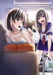  anger_vein bag bare_shoulders blue_eyes blush breasts brown_hair cleavage couch food kyon_(fuuran) long_hair medium_breasts multiple_girls open_mouth original pillow plastic_bag popsicle purple_eyes school_uniform serafuku short_hair skirt sweat tank_top 