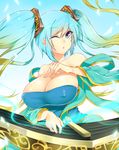  :o aqua_hair blue_eyes breasts covered_nipples etwahl fuya_(tempupupu) gradient_hair hair_ornament highres huge_breasts league_of_legends low_neckline multicolored_hair one_eye_closed solo sona_buvelle twintails 