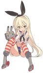  bad_id bad_pixiv_id black_panties blade_(galaxist) blonde_hair blush boots elbow_gloves full_body gloves grey_footwear hairband kantai_collection long_hair navel panties rensouhou-chan shimakaze_(kantai_collection) simple_background skirt smile solo striped striped_legwear thighhighs underwear white_background white_gloves 